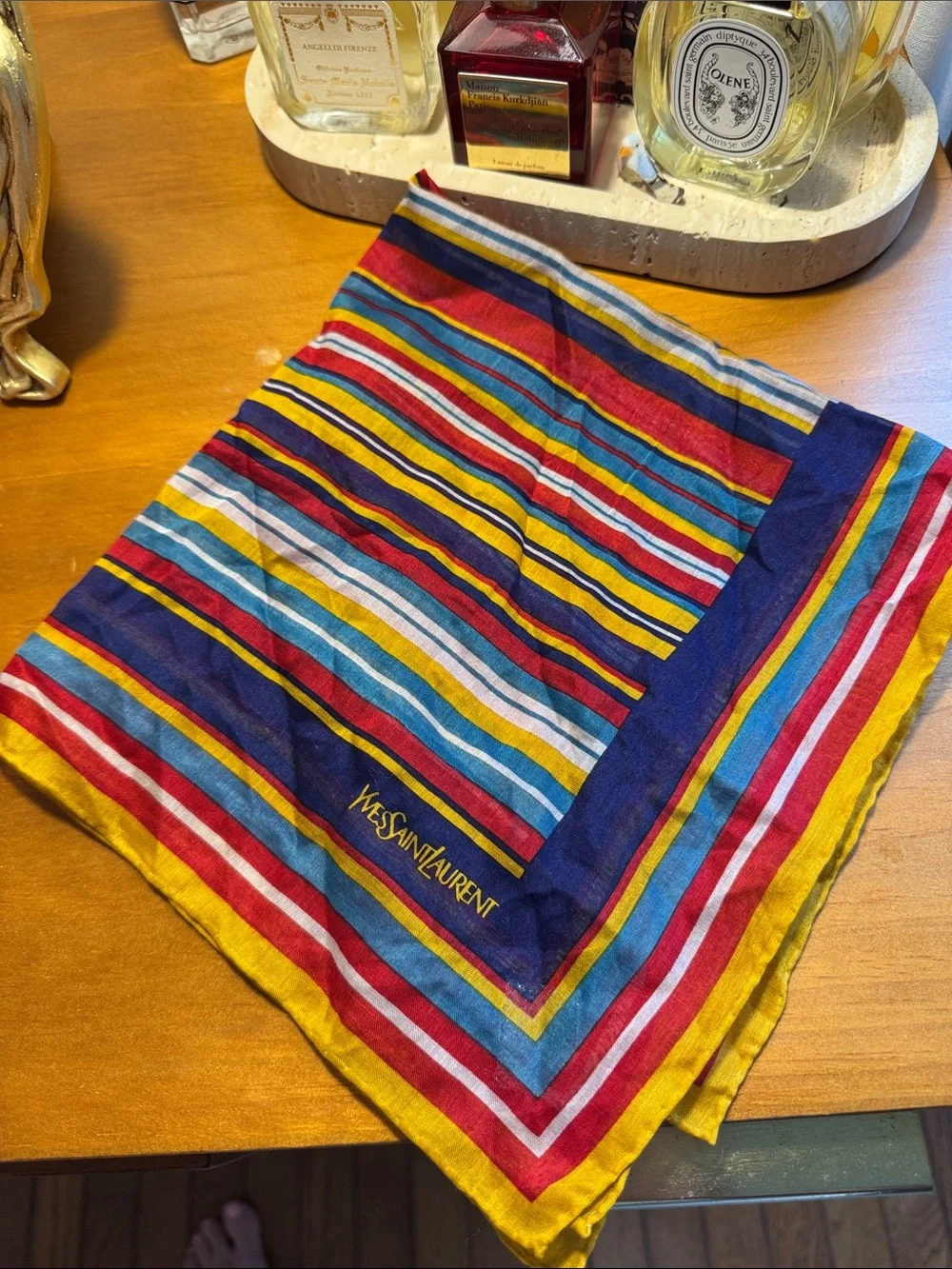 Yves Saint Laurent Striped Multicolor Silk Scarf - Navy, Mustard, Red